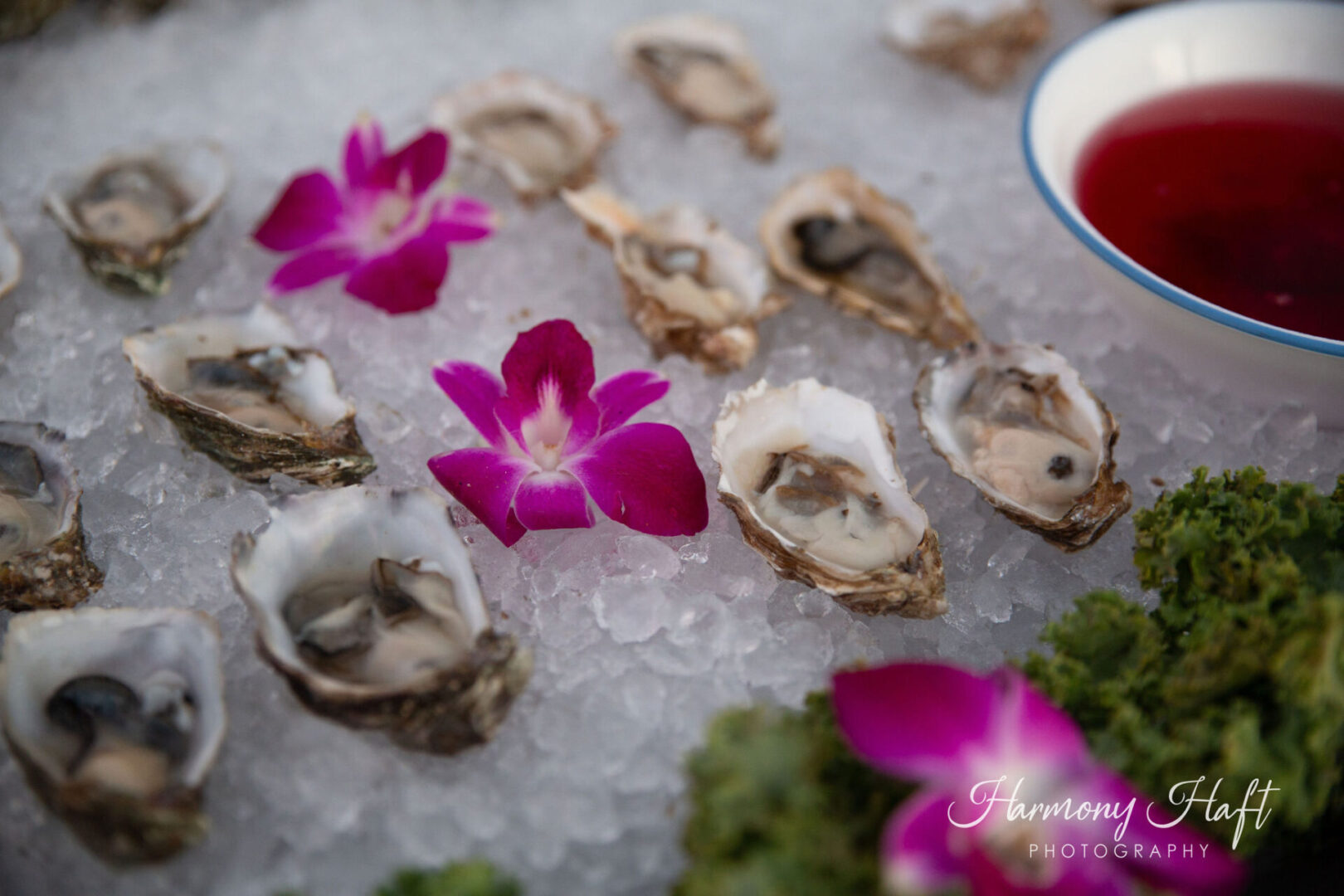 A table topped with lots of shells and flowers.